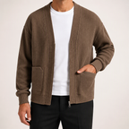 Timothy | Mens Zip Up Cardigan Sweater Solid Color Casual Knitwear, Brown