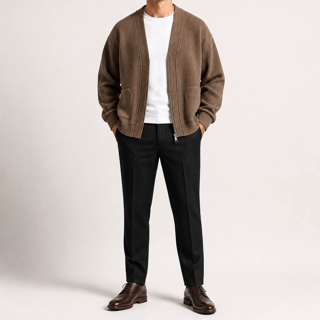 Timothy | Mens Zip Up Cardigan Sweater Solid Color Casual Knitwear, Brown