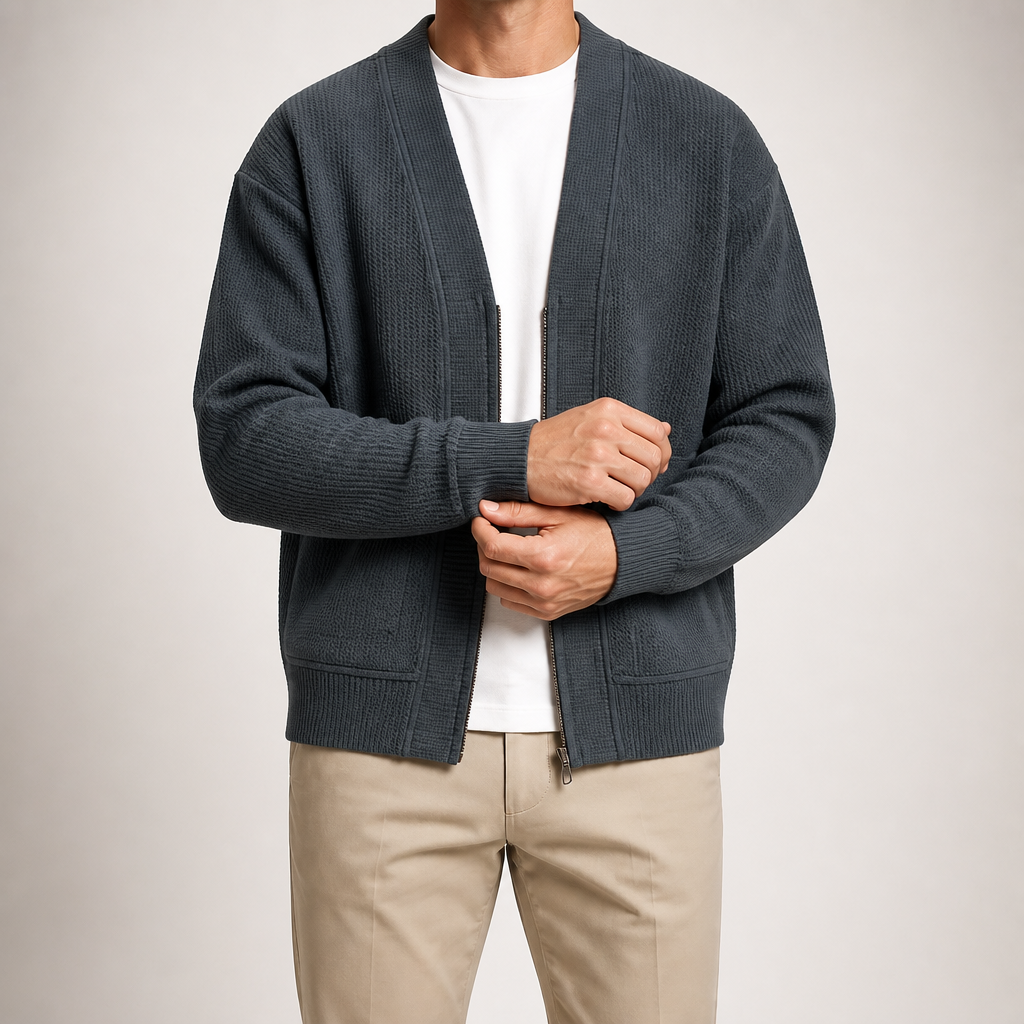 Timothy | Mens Zip Up Cardigan Sweater Solid Color Casual Knitwear, Grey