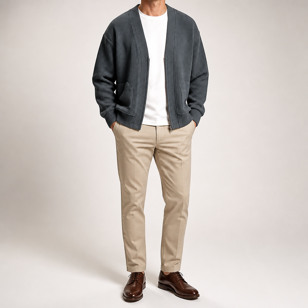 Timothy | Mens Zip Up Cardigan Sweater Solid Color Casual Knitwear, Grey