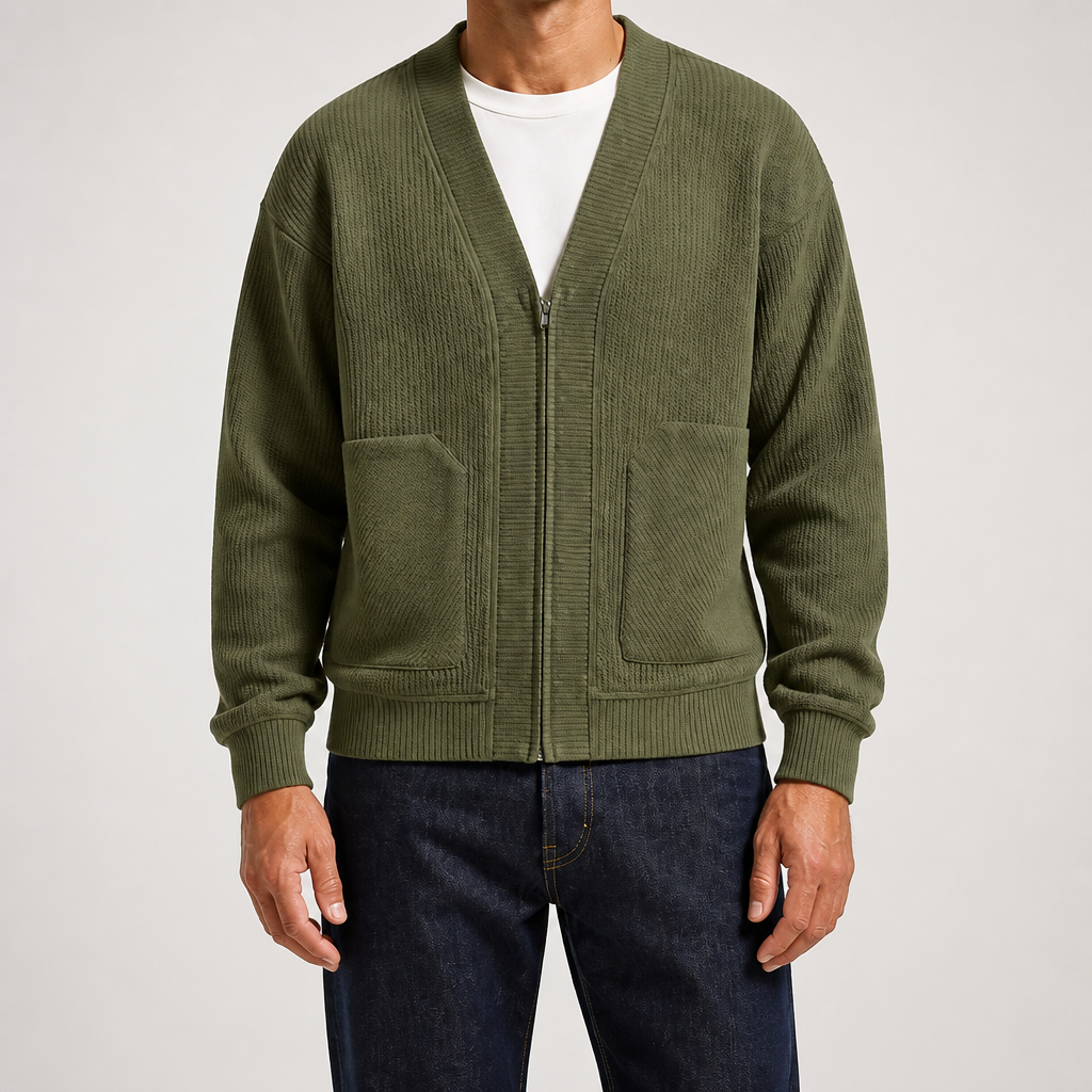 Timothy | Mens Zip Up Cardigan Sweater Solid Color Casual Knitwear, Army Green