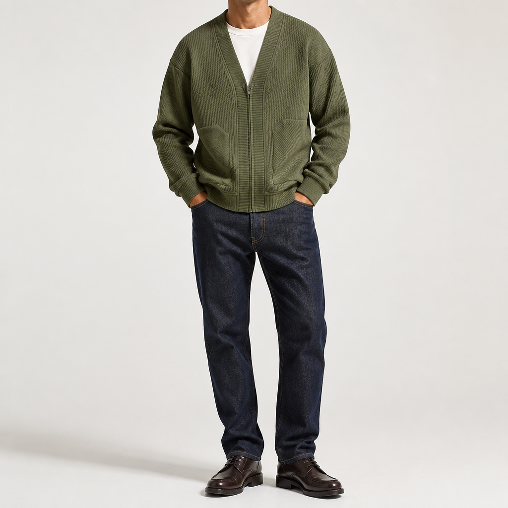 Timothy | Mens Zip Up Cardigan Sweater Solid Color Casual Knitwear, Army Green