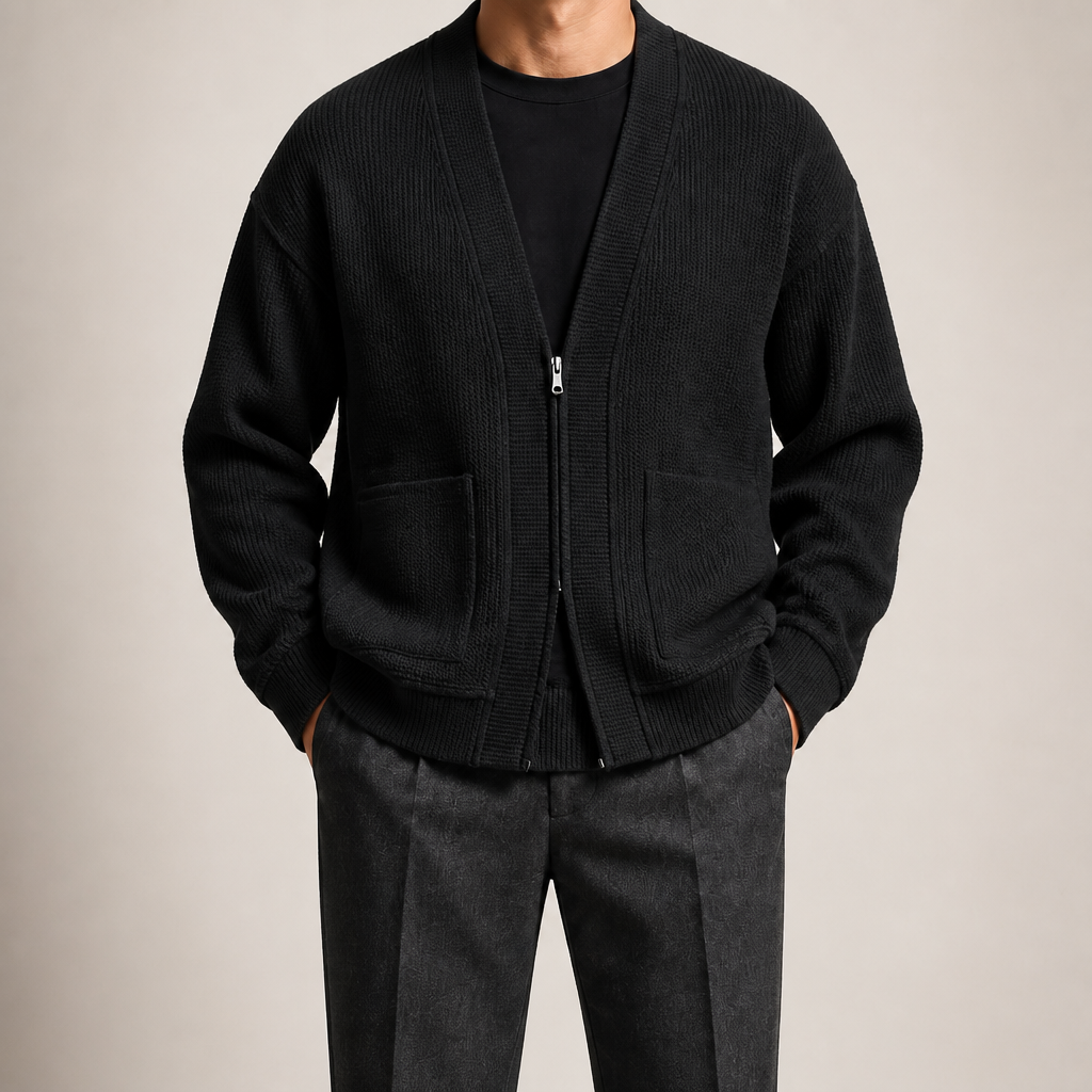 Timothy | Mens Zip Up Cardigan Sweater Solid Color Casual Knitwear, Black
