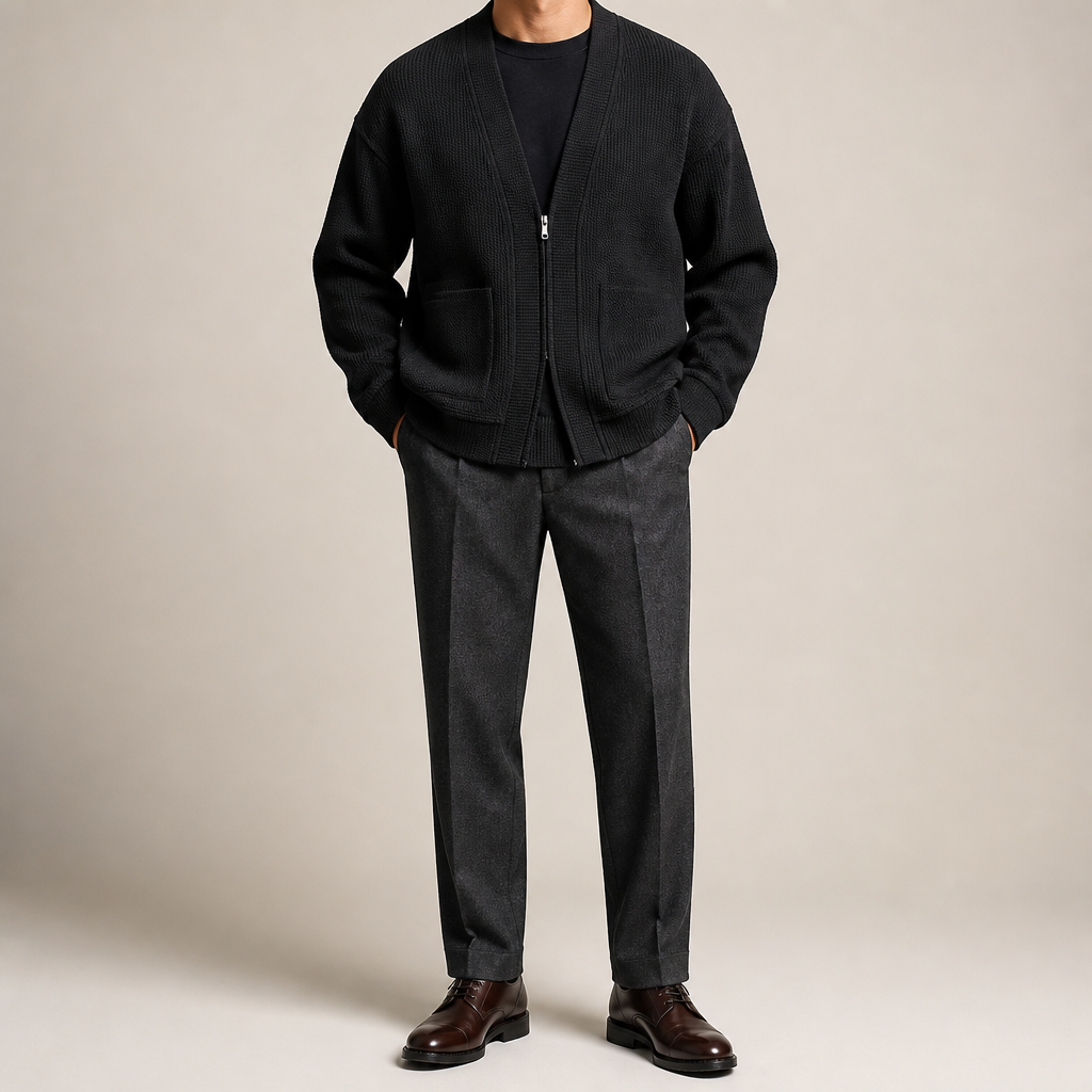 Timothy | Mens Zip Up Cardigan Sweater Solid Color Casual Knitwear, Black