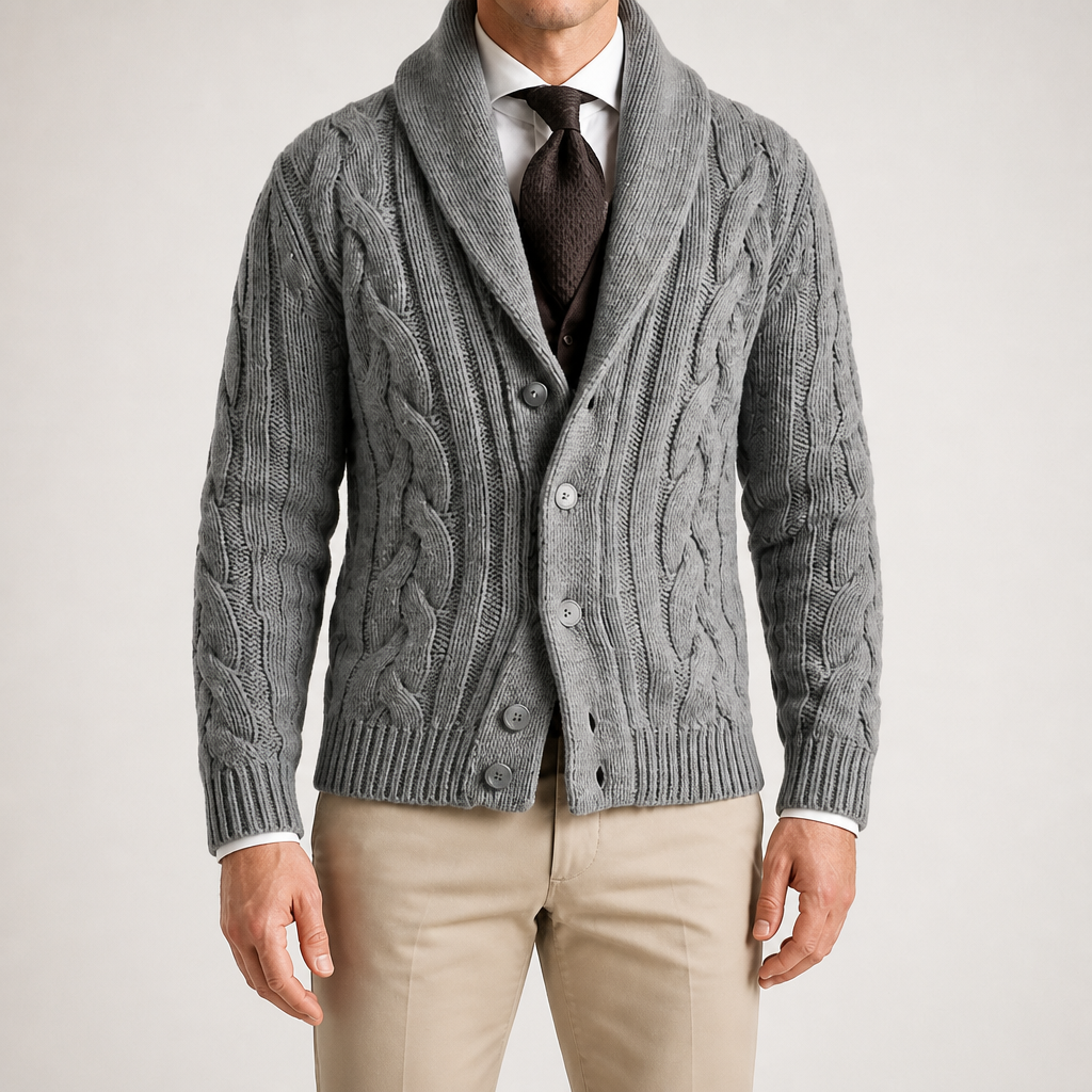 Tom | Mens Cable Knit Chunky Lapel Cardigan Sweater, Grey