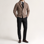 Tom | Mens Cable Knit Chunky Lapel Cardigan Sweater, Khaki