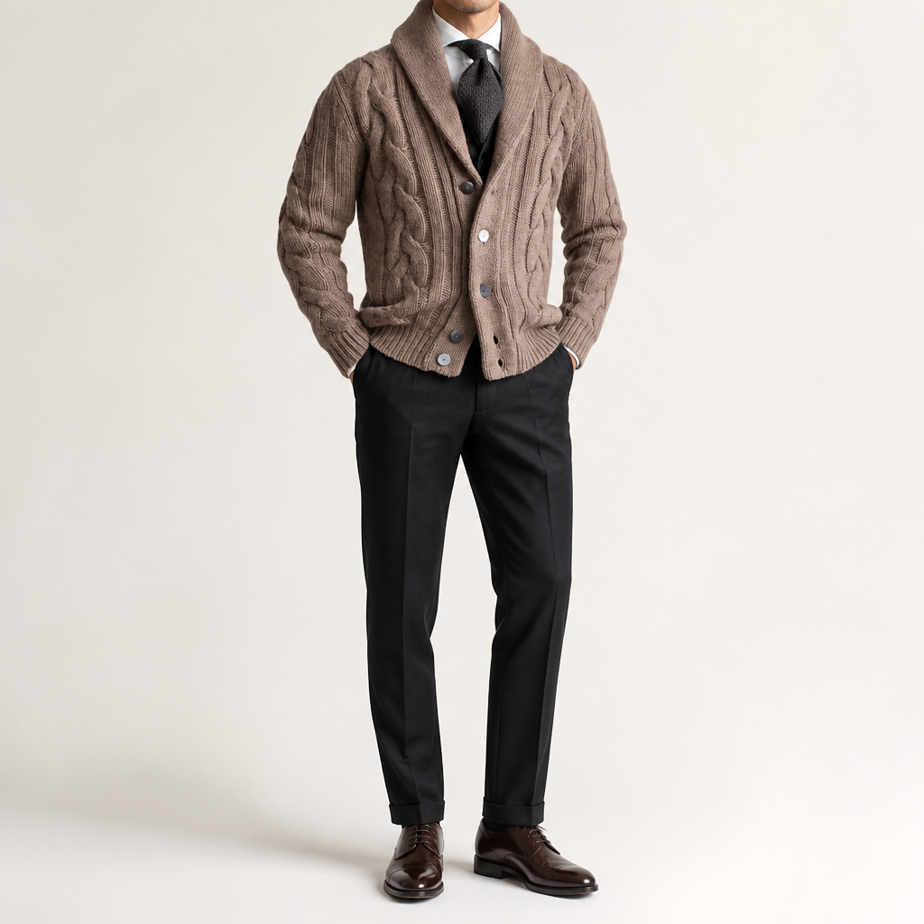Tom | Mens Cable Knit Chunky Lapel Cardigan Sweater, Khaki