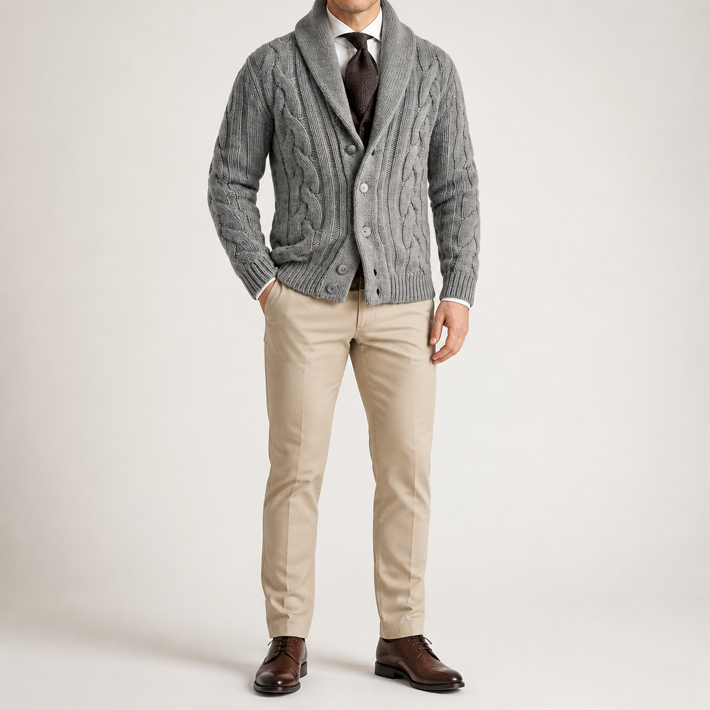 Tom | Mens Cable Knit Chunky Lapel Cardigan Sweater, Grey