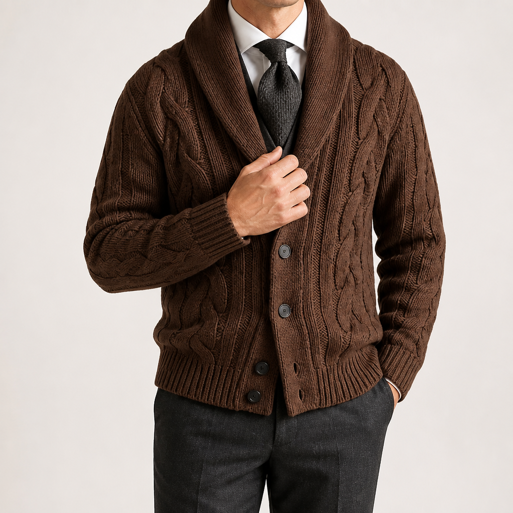 Tom | Mens Cable Knit Chunky Lapel Cardigan Sweater, Brown
