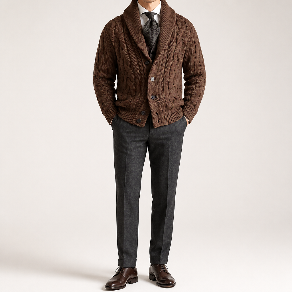 Tom | Mens Cable Knit Chunky Lapel Cardigan Sweater, Brown