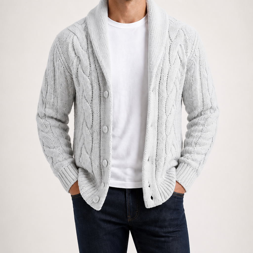 Tom | Mens Cable Knit Chunky Lapel Cardigan Sweater, White
