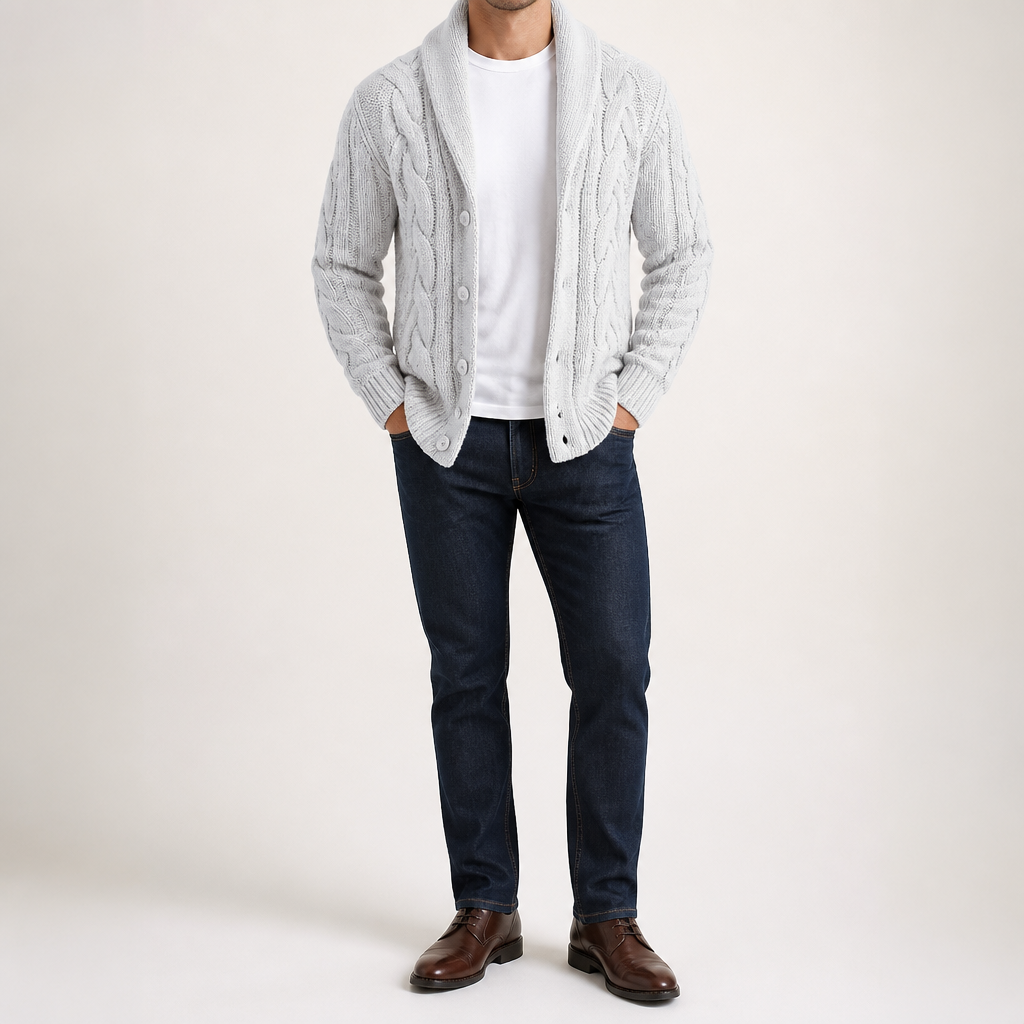 Tom | Mens Cable Knit Chunky Lapel Cardigan Sweater, White