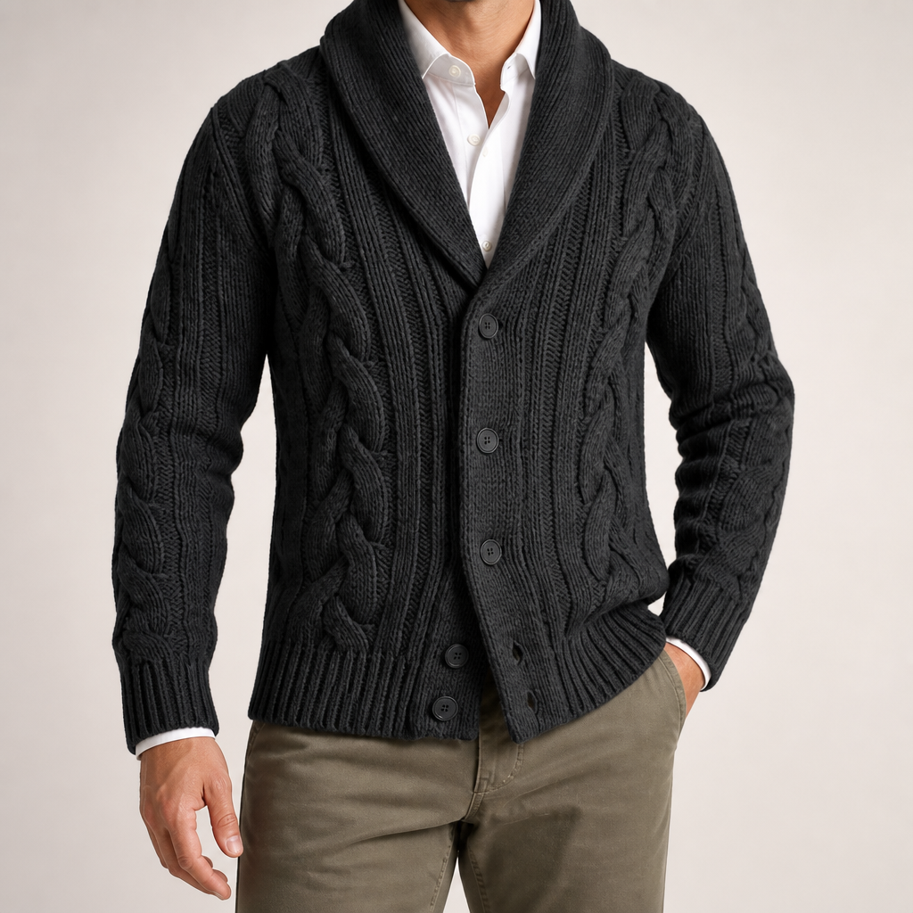 Tom | Mens Cable Knit Chunky Lapel Cardigan Sweater, Black