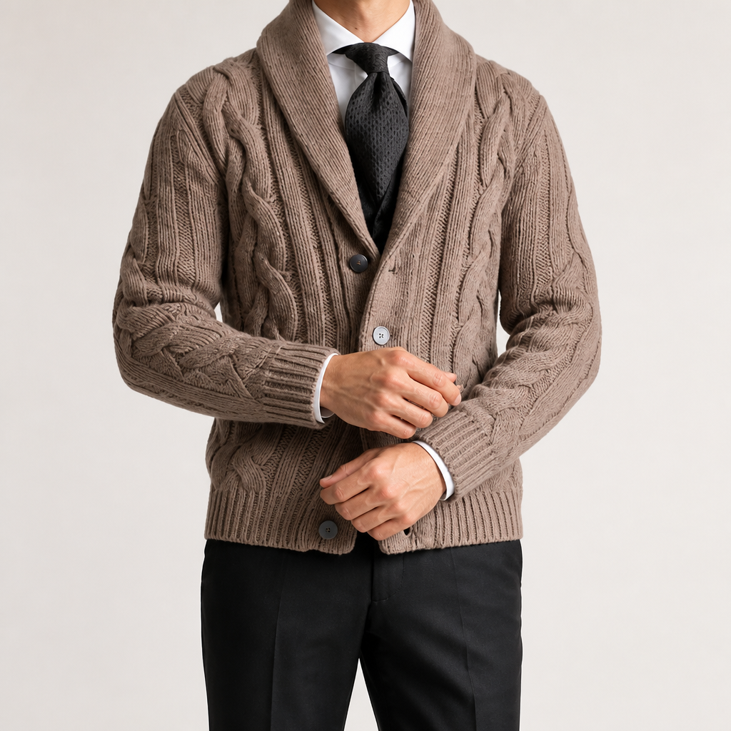 Tom | Mens Cable Knit Chunky Lapel Cardigan Sweater, Khaki