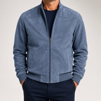 Tremaine | Mens Suede Stand Collar Zip Bomber Jacket Coat, Sea Blue
