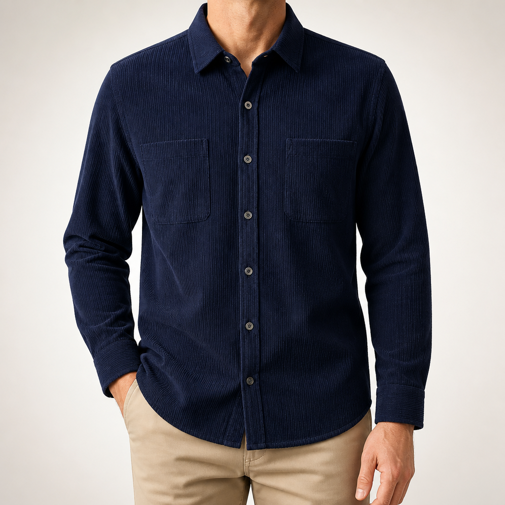 Tucker | Mens Corduroy Long Sleeve Casual Button Down Shirt, Navy Blue