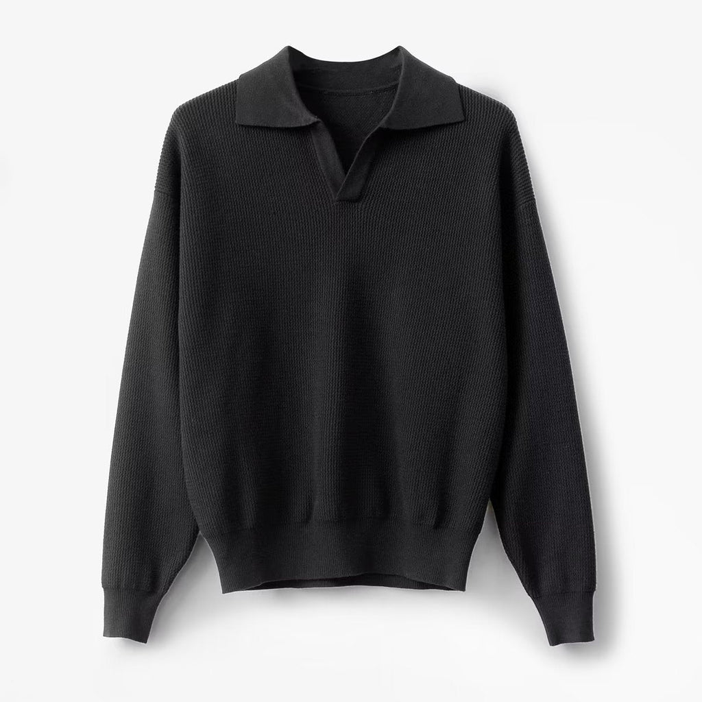 Ulric | Mens Knitted Long Sleeve Solid Colour Lapel Polo Polo Shirt - Black