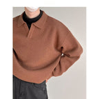 Ulric | Mens Knitted Long Sleeve Solid Colour Lapel Polo Polo Shirt - Brown