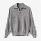 Ulric | Mens Knitted Long Sleeve Solid Colour Lapel Polo Polo Shirt - Grey