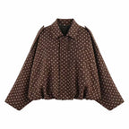 Vera | Womens Suede Aviator Bomber Jacket - Polka Dot Coffee Brown