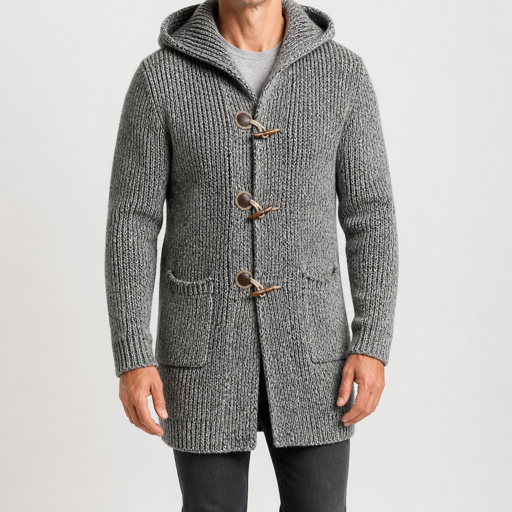 Vince | Mens Hooded Cardigan Sweater Chunky Knit Toggle Winter Coat, Grey