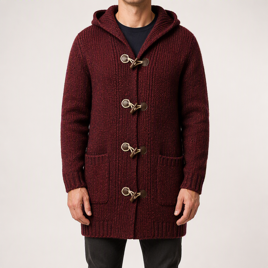 Vince | Mens Hooded Cardigan Sweater Chunky Knit Toggle Winter Coat, Wine Red