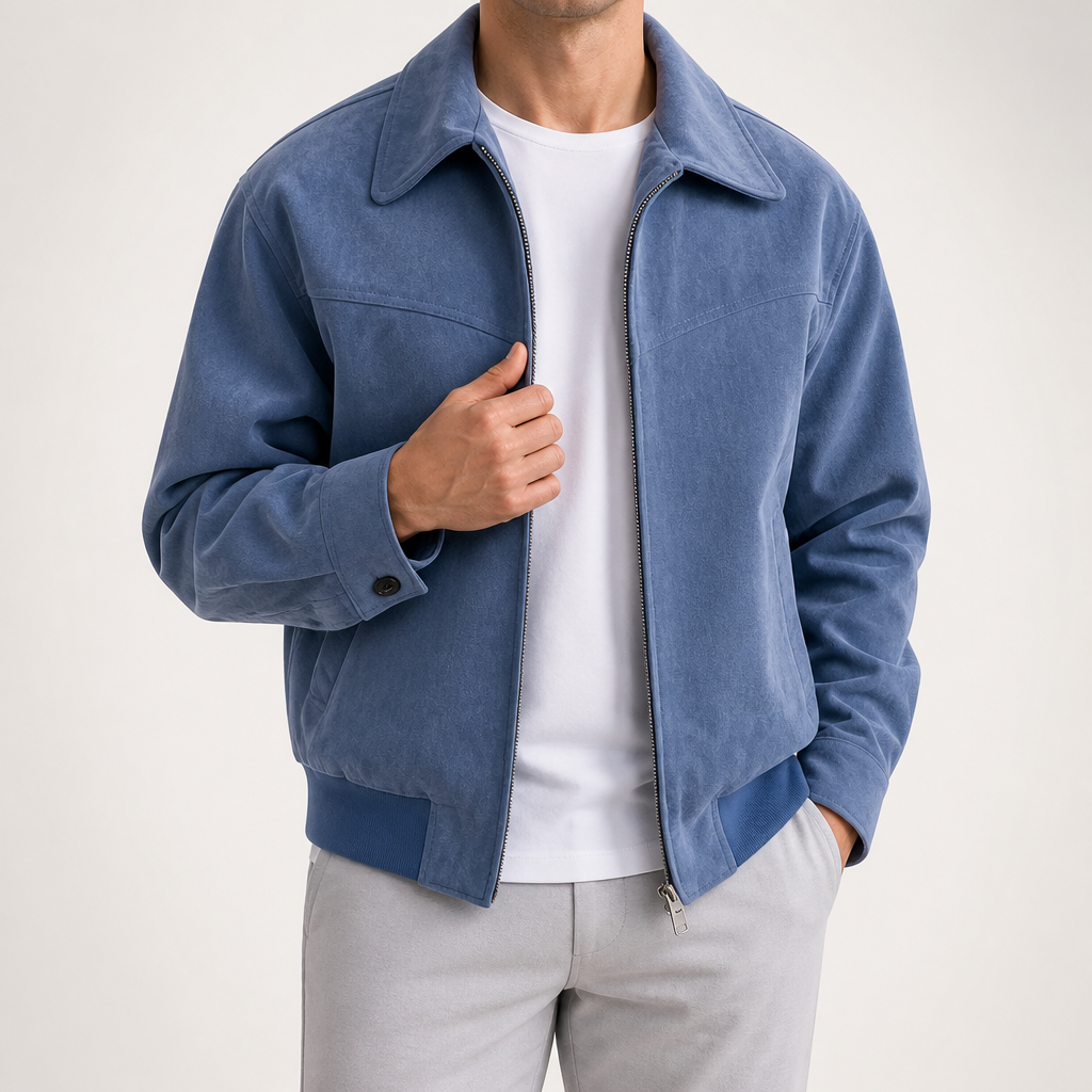 Walker | Mens Bomber Jacket Retro Washed Loose Zip Up Lapel Coat, Light Blue