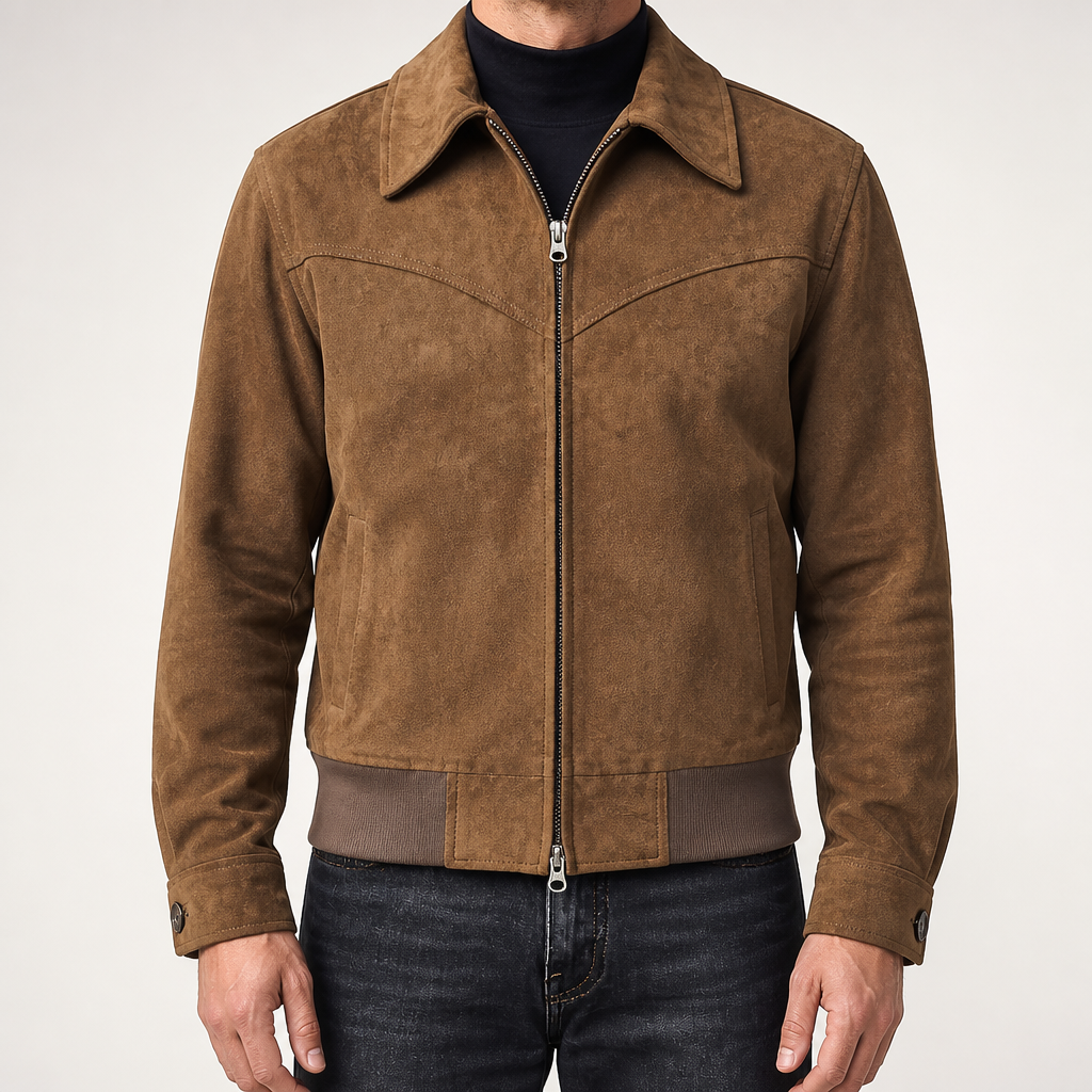 Walker | Mens Bomber Jacket Retro Washed Loose Zip Up Lapel Coat, Coffee