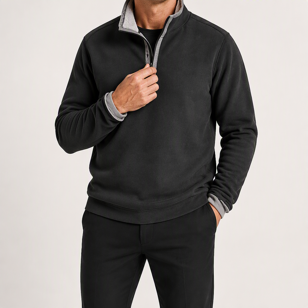 Wayne | Mens Fleece Lined Zip Up Stand Collar Warm Casual Sweatshirt, Black