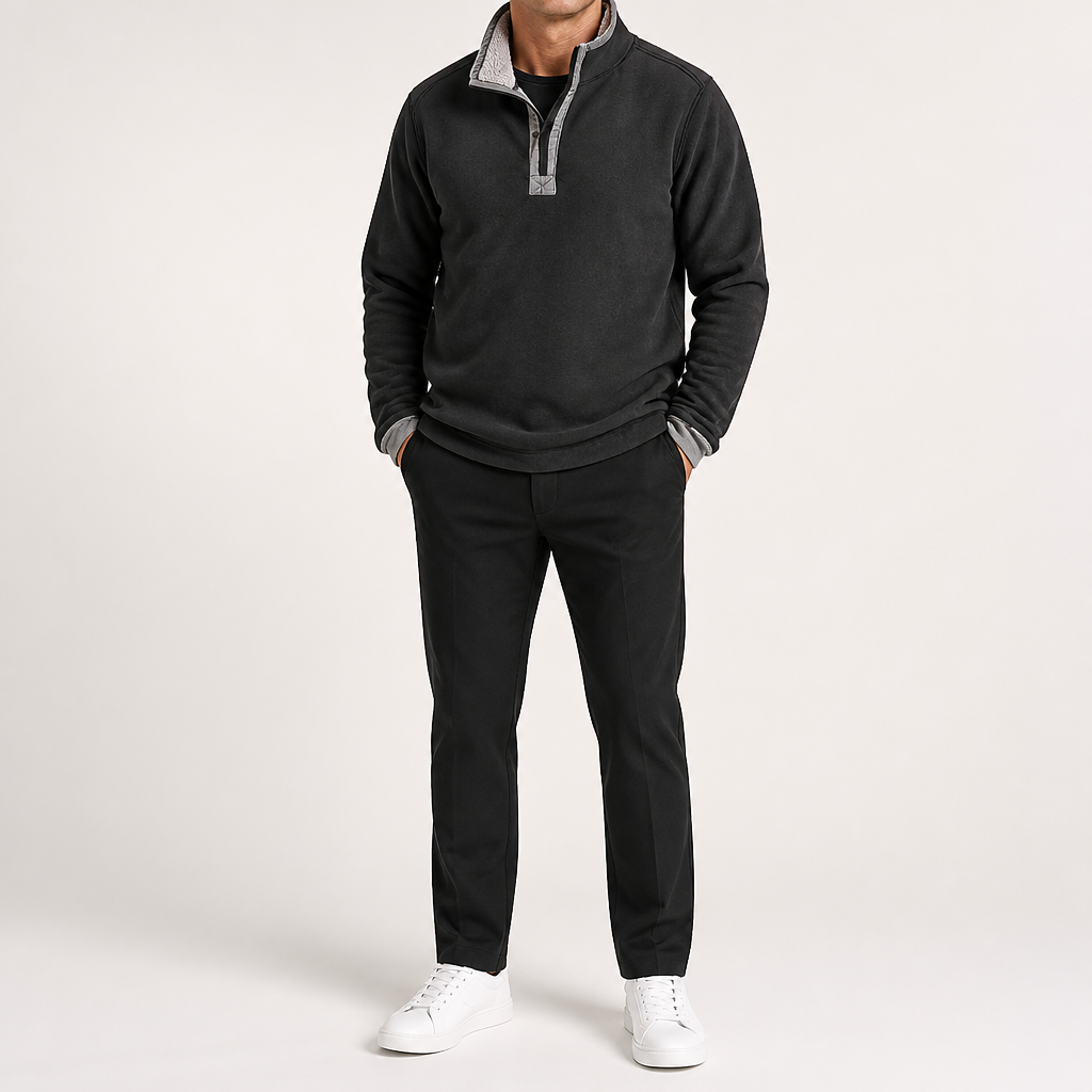 Wayne | Mens Fleece Lined Zip Up Stand Collar Warm Casual Sweatshirt, Black