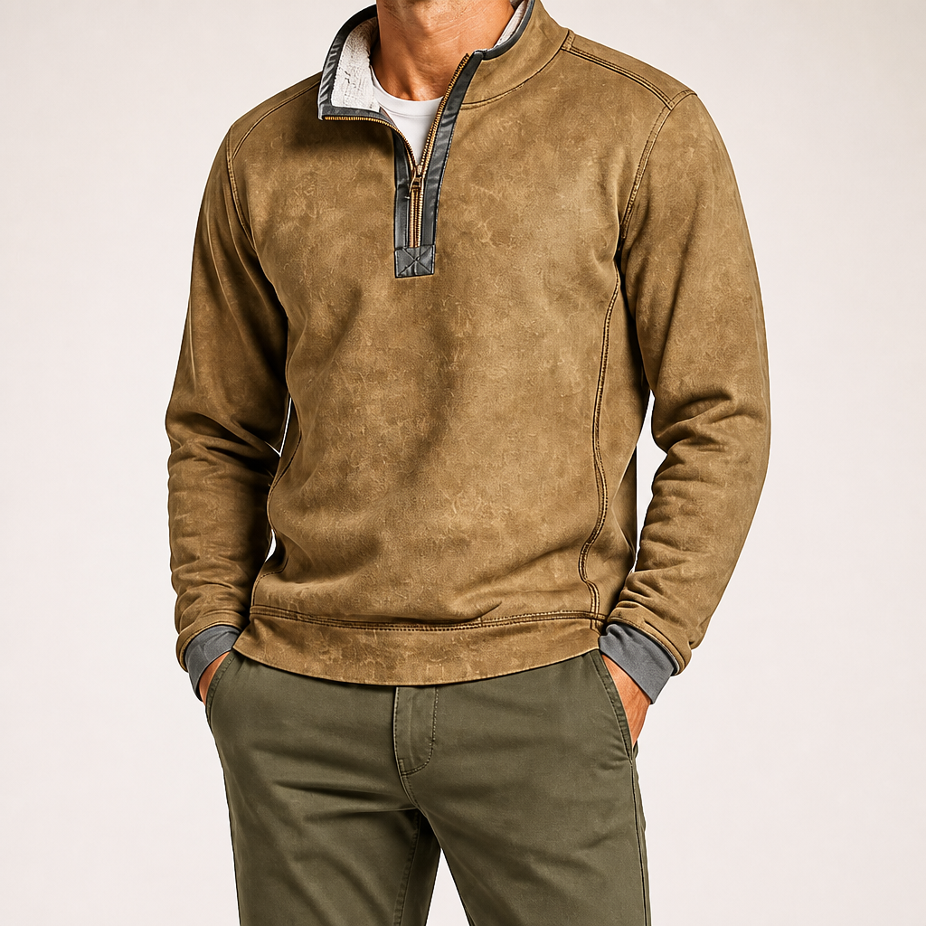 Wayne | Mens Fleece Lined Zip Up Stand Collar Warm Casual Sweatshirt, Khaki