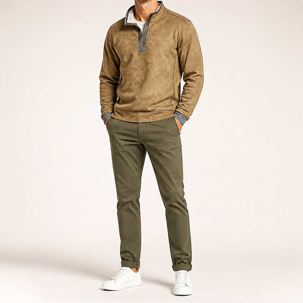 Wayne | Mens Fleece Lined Zip Up Stand Collar Warm Casual Sweatshirt, Khaki