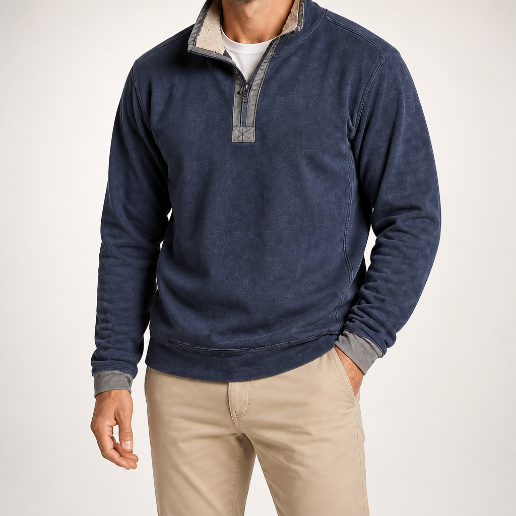 Wayne | Mens Fleece Lined Zip Up Stand Collar Warm Casual Sweatshirt, Blue