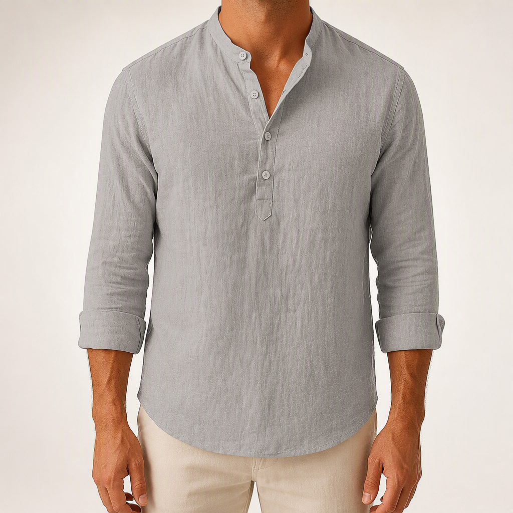 Wes | Mens Linen Shirt Cotton Long Sleeve Stand Collar Casual Top, Grey