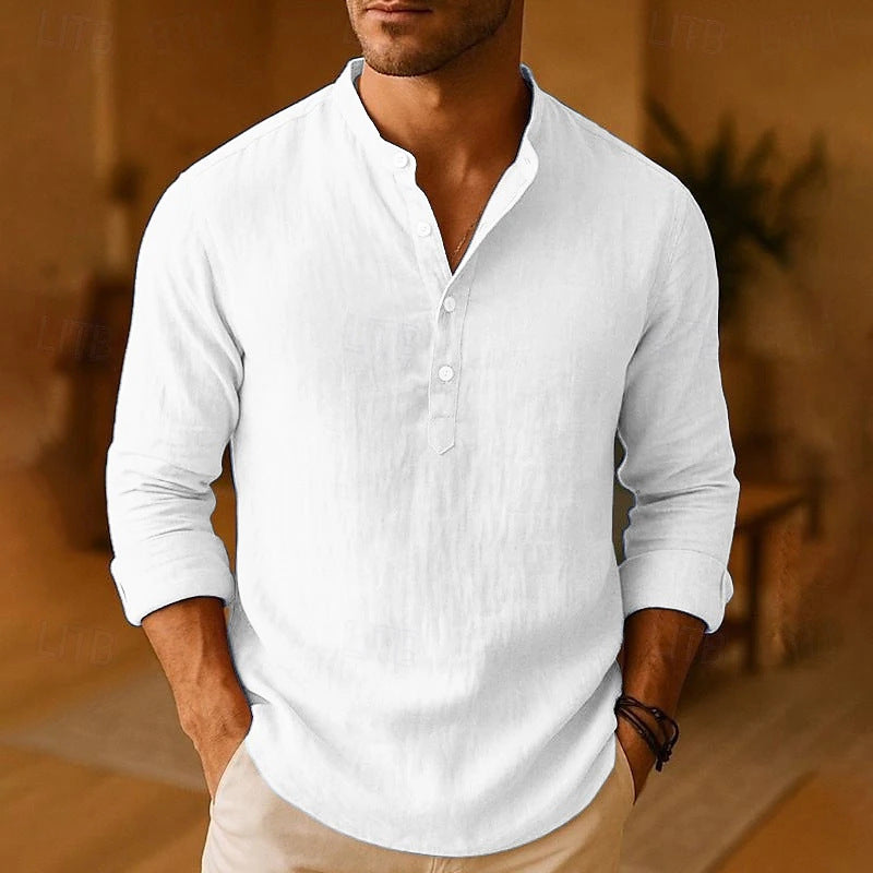 Wes | Mens Linen Shirt Cotton Long Sleeve Stand Collar Casual Top
