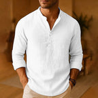 Wes | Mens Linen Shirt Cotton Long Sleeve Stand Collar Casual Top