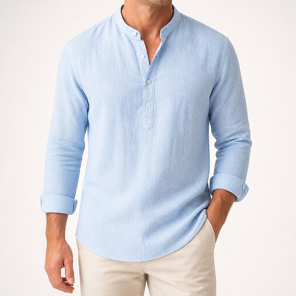 Wes | Mens Linen Shirt Cotton Long Sleeve Stand Collar Casual Top, Light Blue
