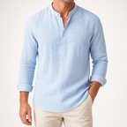Wes | Mens Linen Shirt Cotton Long Sleeve Stand Collar Casual Top, Light Blue