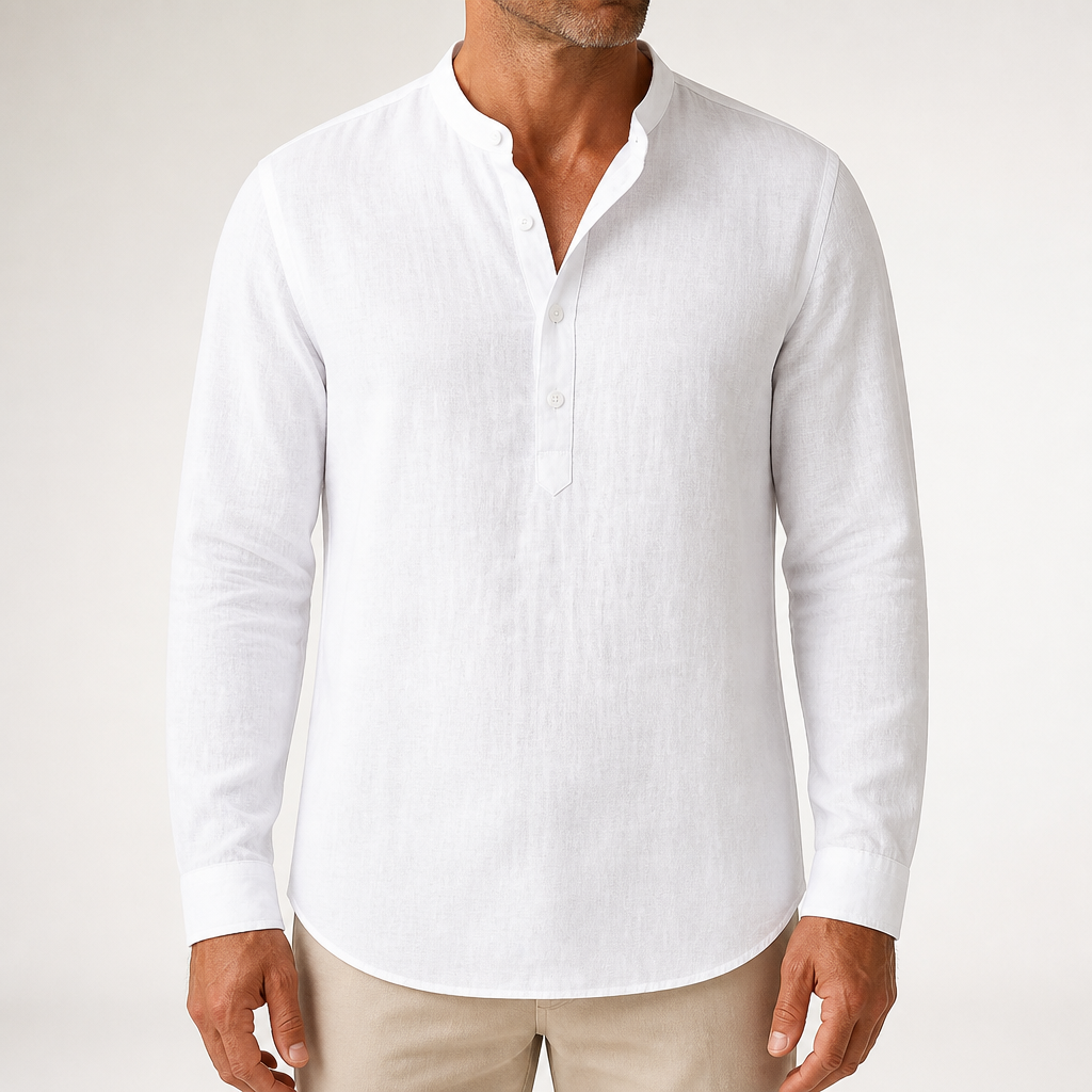 Wes | Mens Linen Shirt Cotton Long Sleeve Stand Collar Casual Top, White