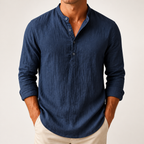 Wes | Mens Linen Shirt Cotton Long Sleeve Stand Collar Casual Top, Navy Blue