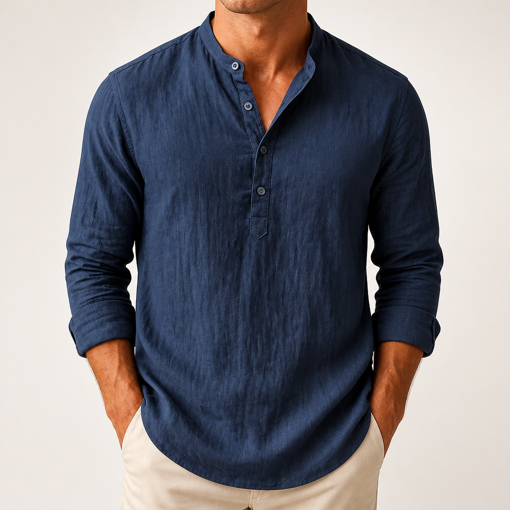 Wes | Mens Linen Shirt Cotton Long Sleeve Stand Collar Casual Top, Navy Blue