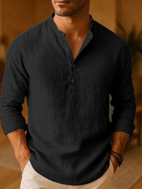 Wes | Mens Linen Shirt Cotton Long Sleeve Stand Collar Casual Top