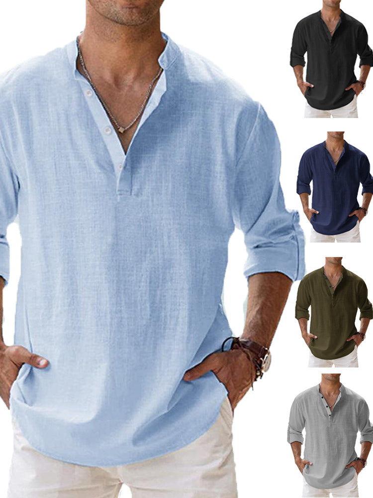 Wes | Mens Linen Shirt Cotton Long Sleeve Stand Collar Casual Top