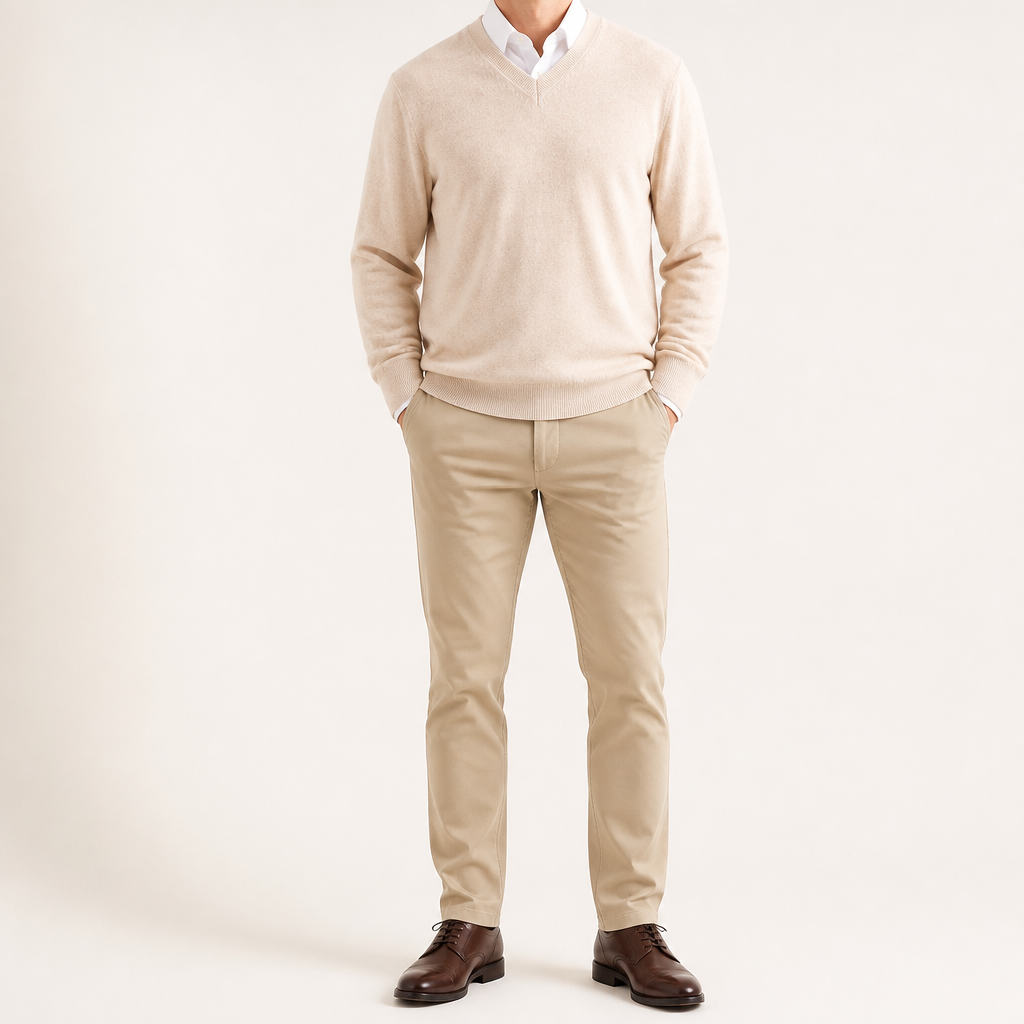 Weston | Mens V Neck Sweater Loose Fit Knitted Pullover, Beige 2