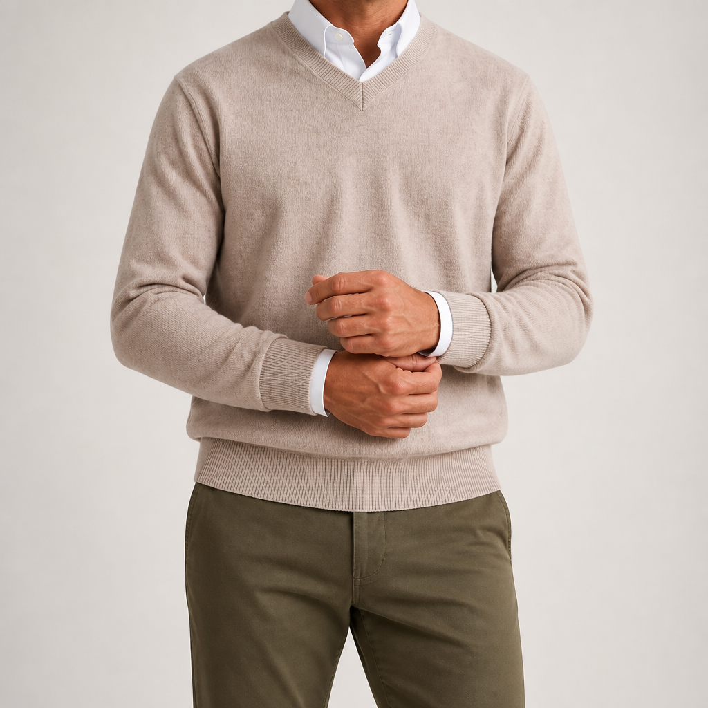 Weston | Mens V Neck Sweater Loose Fit Knitted Pullover, Camel