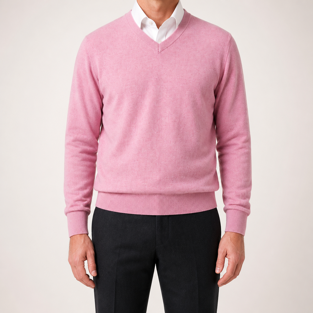 Weston | Mens V Neck Sweater Loose Fit Knitted Pullover, Pink 2