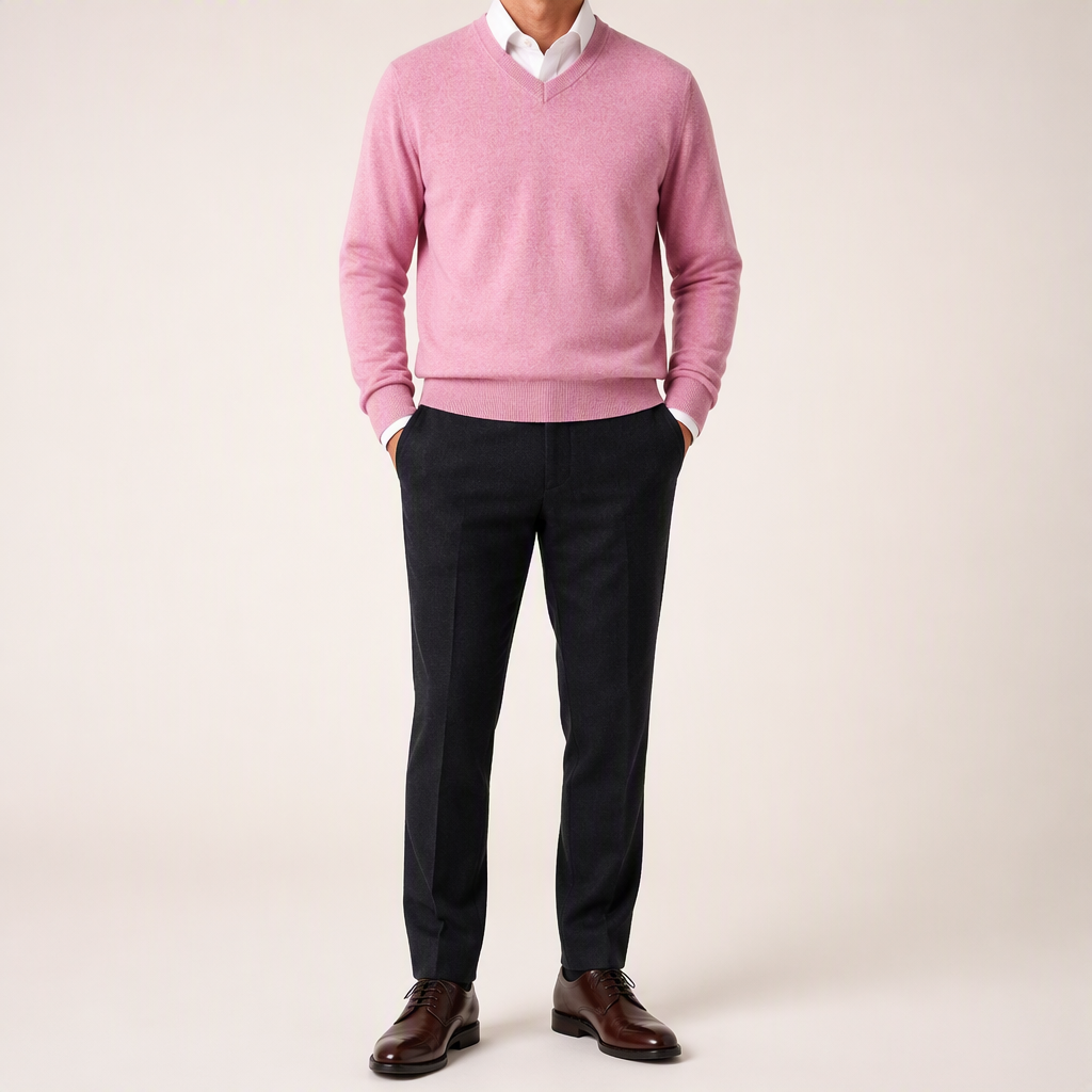 Weston | Mens V Neck Sweater Loose Fit Knitted Pullover, Pink 2