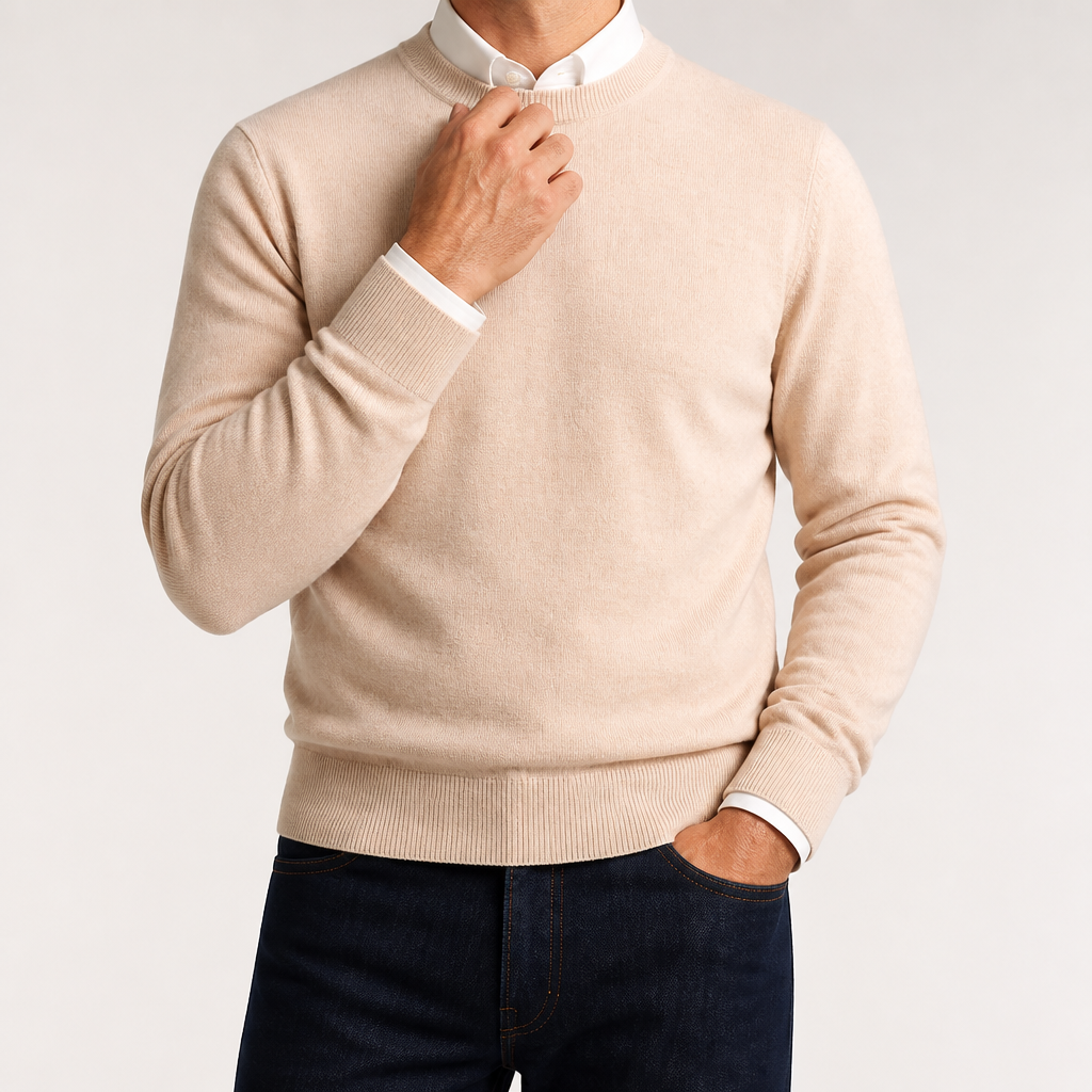 Weston | Mens V Neck Sweater Loose Fit Knitted Pullover, Beige