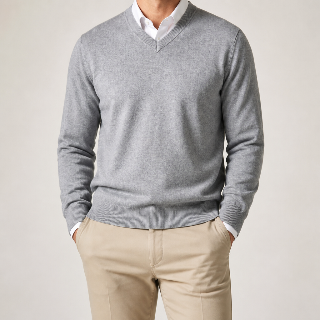 Weston | Mens V Neck Sweater Loose Fit Knitted Pullover, Light Grey 2