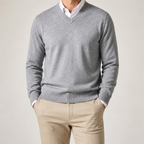 Weston | Mens V Neck Sweater Loose Fit Knitted Pullover, Light Grey 2